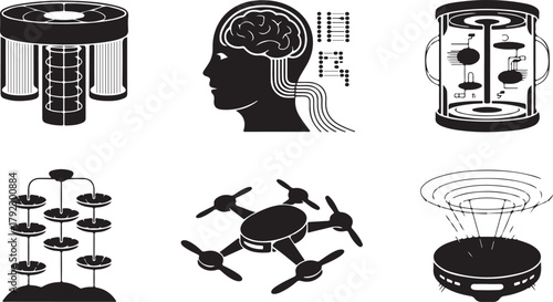 Technology icon set of black vector sketch silhouettes of a woman for coloring book design art