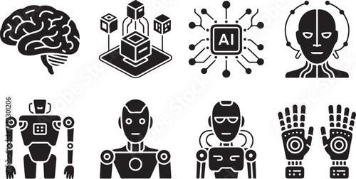 A cartoon set of funny robot skulls and crossbones vector icons for technology and science illustration design