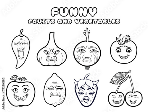 Coloring set Funny fruits and vegetables with emotions. Fruits and vegetables with faces. Set of mascots with outline. Cartoon flat style.