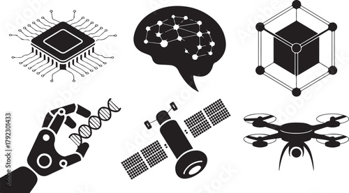 Black and white vector illustration set of mobile phone, music, camera, and hand drawing symbols