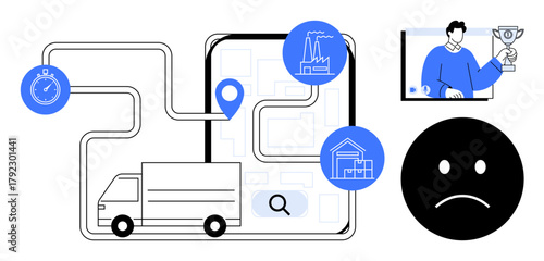 Delivery truck navigating a mapped route with pinpoint, factory, warehouse icons, stopwatch, and user interface elements. Ideal for logistics, supply chain, operations, transport management