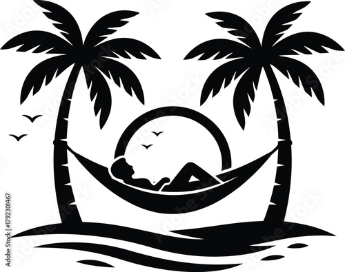 Silhouette relaxing on a beach under a palm tree