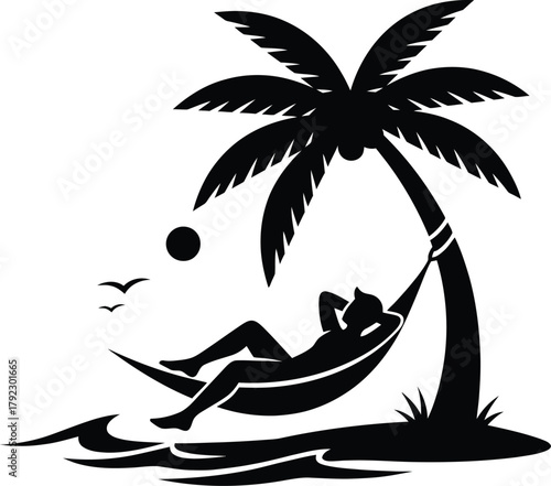 Silhouette relaxing on a beach under a palm tree