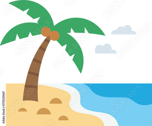 Flat design palm tree with coconuts on sandy beach and blue ocean waves vector