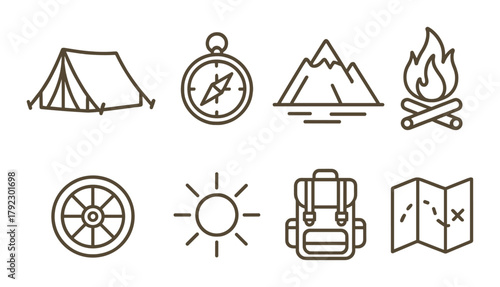 Camping adventure icons: tent, compass, mountain, campfire, wheel, sun, backpack, map