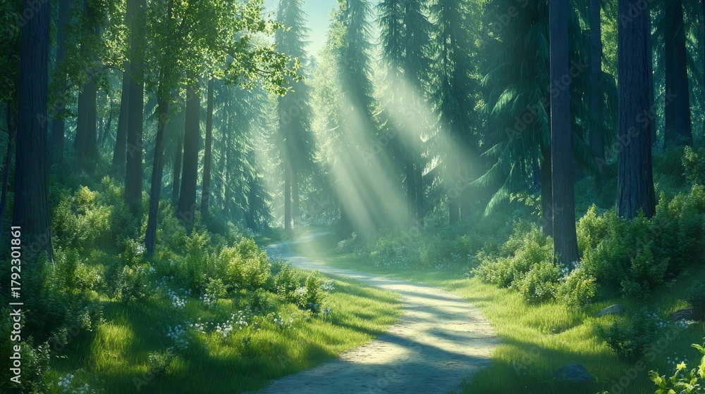 Obraz premium 96.A serene and captivating view of a forest path winding through the dense, misty woods of Croatia, with tall, ancient trees casting long shadows on the ground, creating a sense of mystery and
