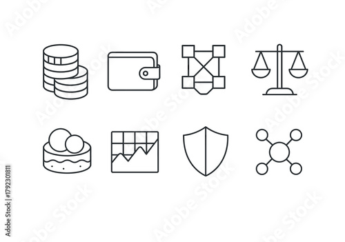 Financial icons: coins, wallet, blockchain, scales, pie chart, graph, shield, network