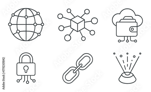 Global network and blockchain technology icon set with security and cloud elements