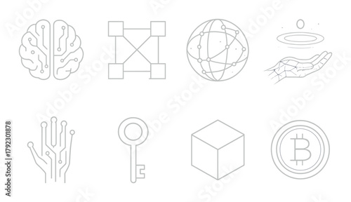 Futuristic neon icons of brain, blockchain, network, and technology concepts