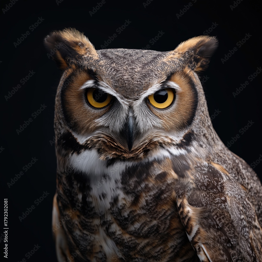 Obraz premium Majestic owl bird of prey captured in natural habitat showcasing sharp eyes, detailed feathers, nocturnal hunting behavior, and forest wildlife scene