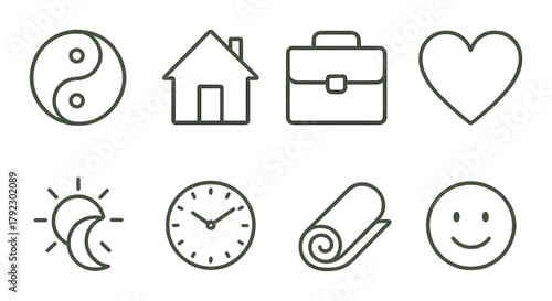 Minimalist icons: yin yang, home, briefcase, heart, sun, clock, mat, smile