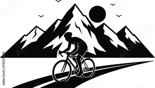 Cyclist silhouette on a scenic mountain road vector