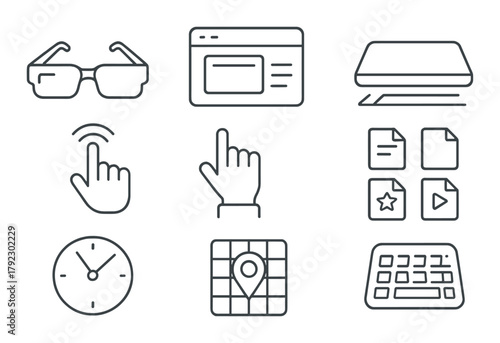 Minimalist technology symbols: gadgets, touch gestures, files, and keyboard icons