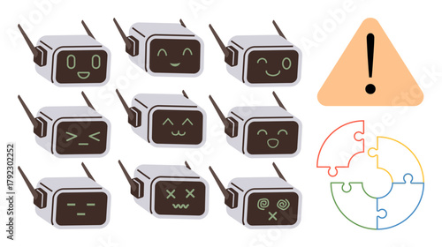 Nine robotic faces showing various emotions, a caution sign, and puzzle pieces convey challenges in technology, emotional AI, problem-solving, and collaboration. Ideal for AI, robotics, technology