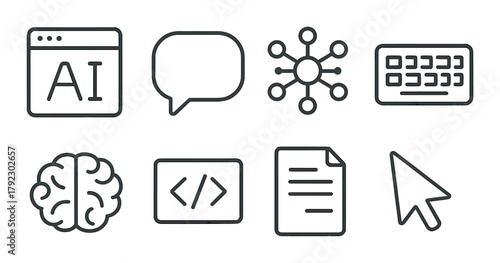 Artificial intelligence icons: brain, code, network, file, keyboard, cursor, speech bubble, ai symbol