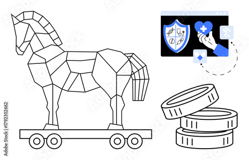 Geometric Trojan horse on wheels, coins, and security-themed elements thumbs up shield and heart. Ideal for cybersecurity, online fraud, finance, technology, risk management, digital threats simple