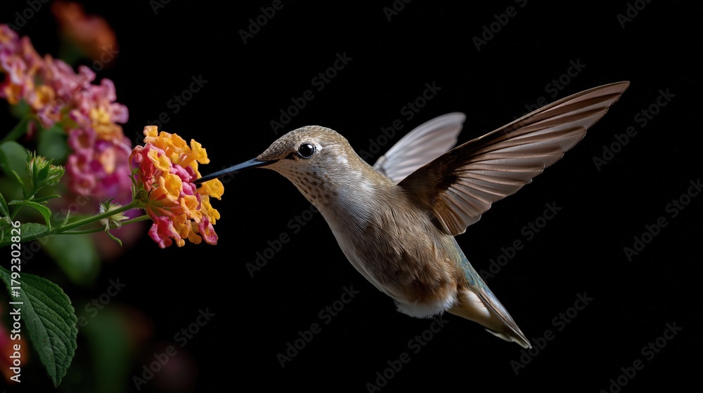 Fototapeta premium Beautiful hummingbird hovering near vibrant flower in natural outdoor setting showcasing delicate wings, colorful plumage, and pollination behavior