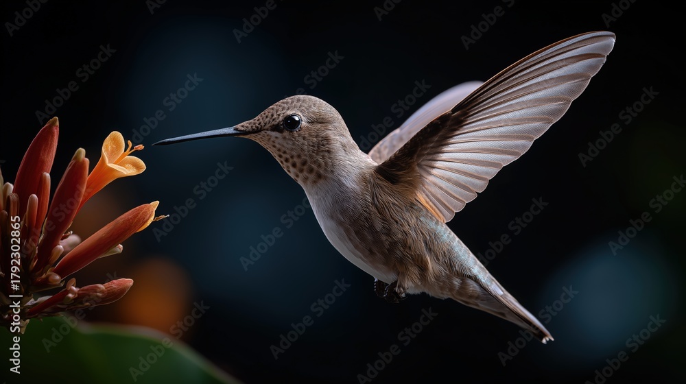 Obraz premium Elegant hummingbird in mid-flight capturing vibrant colors, delicate wings, and natural beauty in a dynamic wildlife scene perfect for nature and outdoor photography