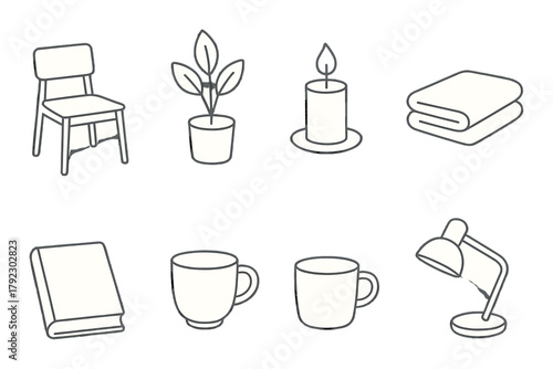 Minimalist icons: home decor with chair plant candle blanket book mug lamp