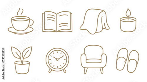 Cozy home symbols: coffee, book, blanket, candle, plant, clock, armchair, slippers