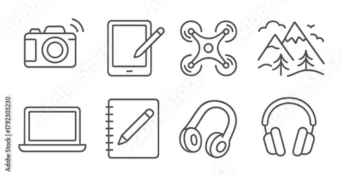Outline icons: camera, tablet, drone, mountains, laptop, notebook, headphones on green background