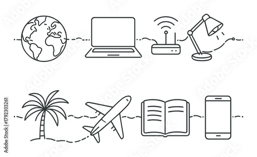 Minimalistic icons of technology and travel on black background