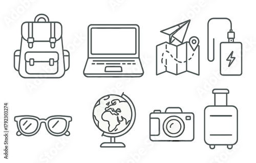 Travel essentials: backpack, laptop, map, globe, camera, suitcase icons
