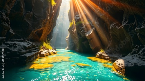 Sun Rays Over Turquoise Canyon River, Hidden Canyon with Blue Water. Sunlit Water Canyon
