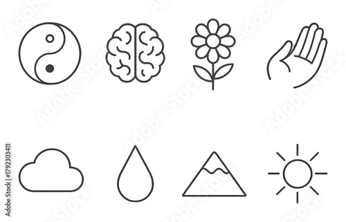 Symbols of balance, knowledge, nature, and elements against a brushed metal background