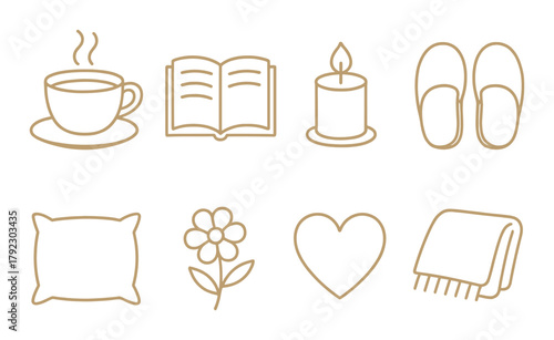 Cozy icons set featuring tea, book, candle, slippers, pillow, flower, heart, blanket on warm background