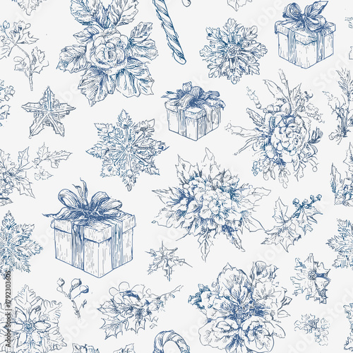 Blue Toile Christmas Seamless Pattern 18 with Gift Boxes, Holly Branches, Snowflakes and Candy, Vintage Holiday Floral Vector