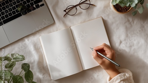 Top view of female Asian hand holding pen over open blank notebook near laptop and plants. Concept for planning, journaling, education, or creative writing workspace