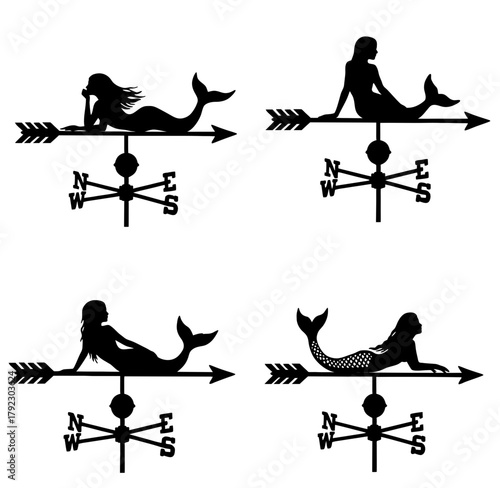 Four black mermaid silhouettes on weather vane design  