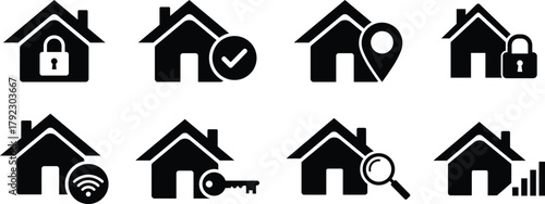 Eight black house icons with security lock checkmark location key wifi and signal home icon