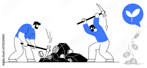 Workers breaking rocks with sledgehammer and pickaxe, coins scattering, growth symbol. Ideal for teamwork, effort, mining, finance, eco-consciousness sustainability labor. Simple flat metaphor