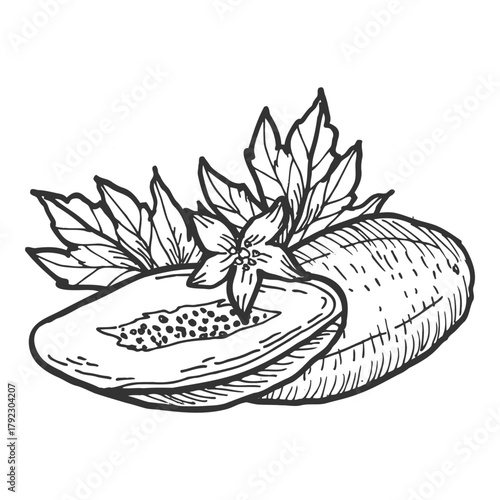 Hand drawn papaya fruit sketch. Vector illustration of whole and half pawpaw with flower, leaves. Vintage food illustration in black and white.
