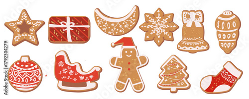 Set of gingerbread and christmas cookies in cartoon flat style. Vector illustration of gingerbread man, sock, spruce, snowflake, star, christmas baubles and santa sled. Winter homemade xmas cookies.