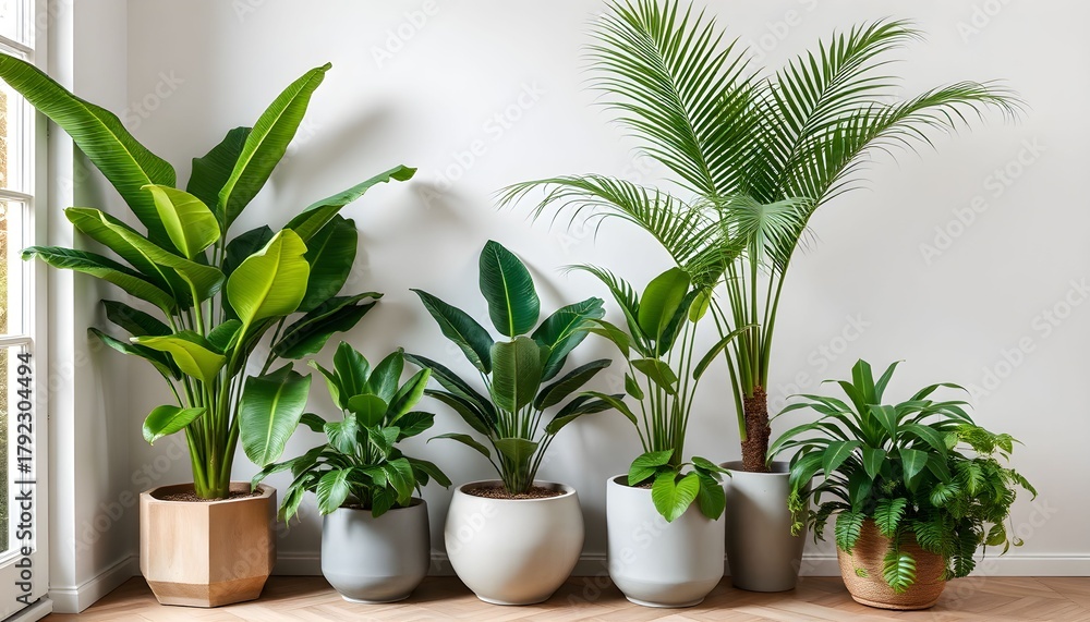 Fototapeta premium A collection of potted houseplants, including palms and broad-leafed varieties, arranged against a white wall in a bright, minimalist interior setting.