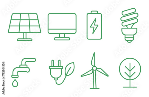Eco-friendly technology icons featuring solar battery wind energy and conservation symbols
