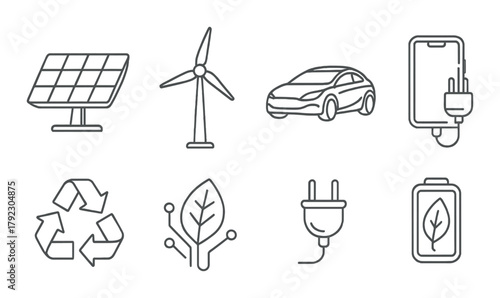 Eco-friendly technologies: solar, wind, electric vehicles, recycling, and sustainable energy icons