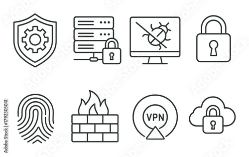 Cybersecurity icons: shield, lock, fingerprint, firewall, vpn, cloud
