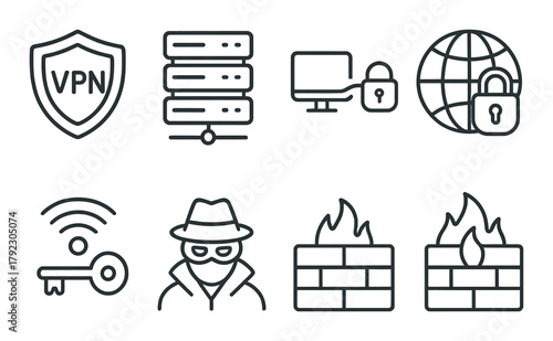 Cybersecurity icons: vpn, firewall, encryption, secure network