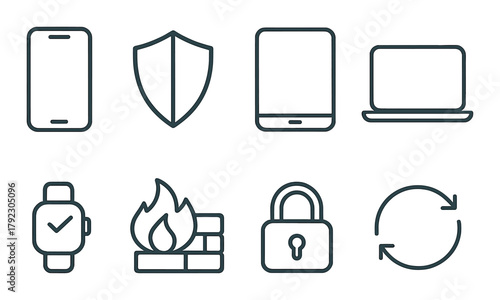 Technology and security icons: smartphone, shield, tablet, laptop, smartwatch, firewall, lock, sync