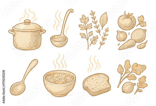 Hand-drawn kitchen utensils and vegetables on gold background
