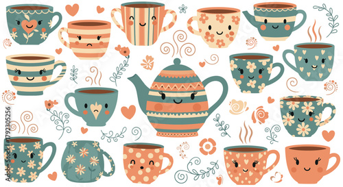 Collection of adorable pixel art teacups and teapots with cute faces.