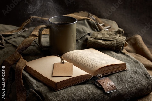 Rustic still life composition features an open book, metal mug with steam, and personal effects resting on rough textile