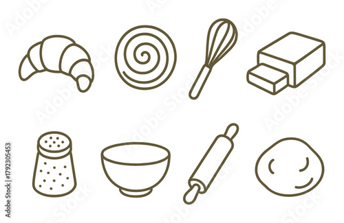 Golden baking icons: croissant, rolling pin, whisk, bread, salt shaker, bowl, dough