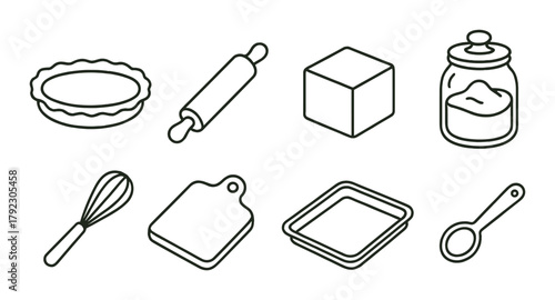 Baking essentials: whisk, rolling pin, sugar, pie, cube, jar, spoon, pan outline