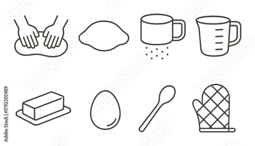 Baking essentials: dough, cup, butter, egg, spoon, mitt, ingredients, icons