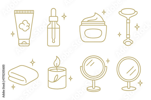 Skincare essentials illustration featuring creams, serum, roller, candle, mirror
